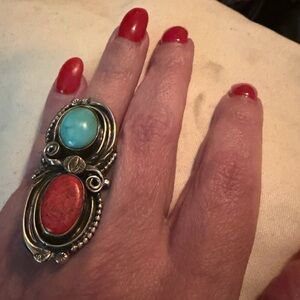 “STUNNING ” Francisco Gomez Sterling Silver Turquoise & Coral Stone Ring  - Rare